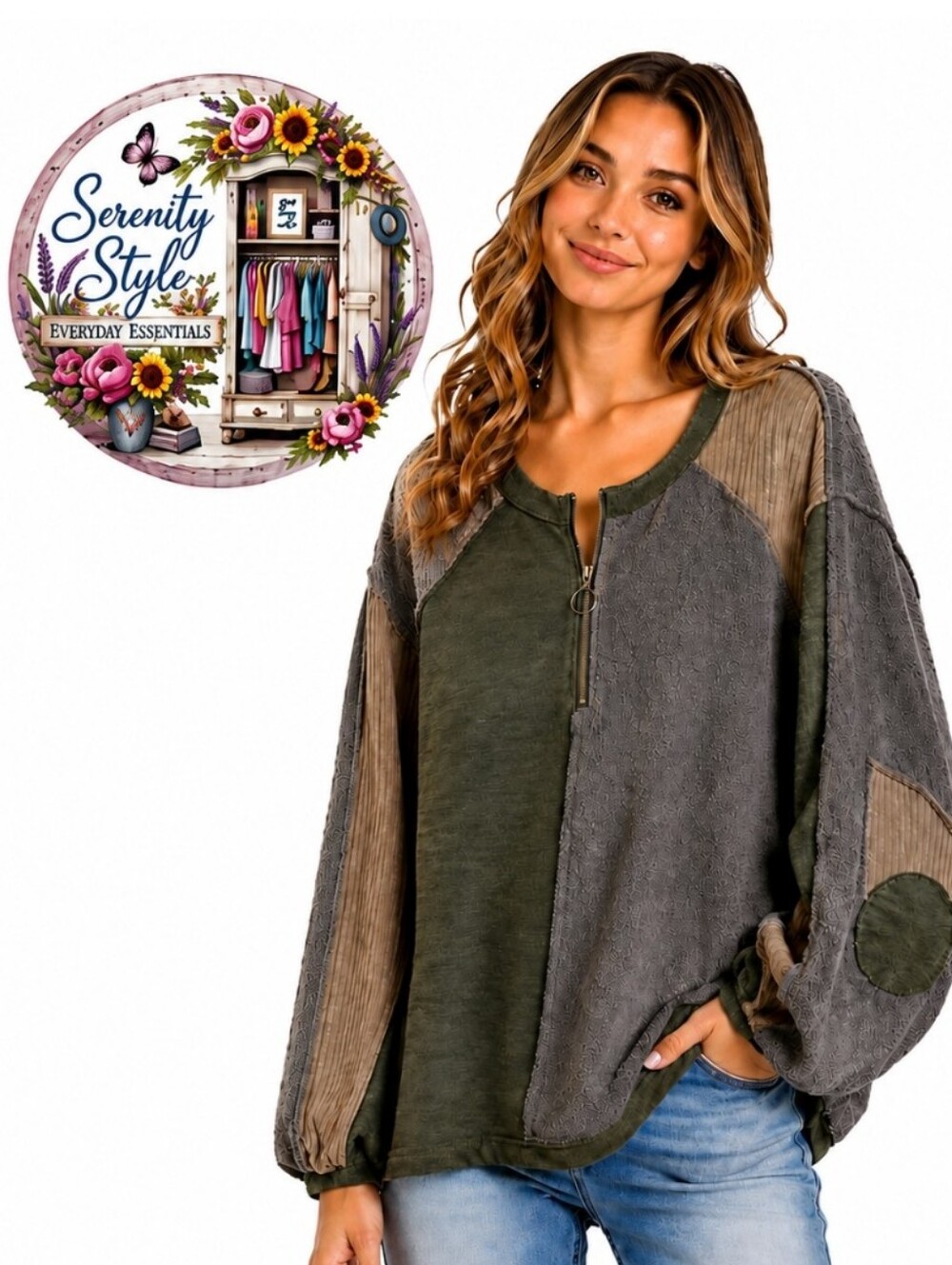 Pol Multi Fabric Woven Sweater Large Patch Elbows Browns Granola Girl